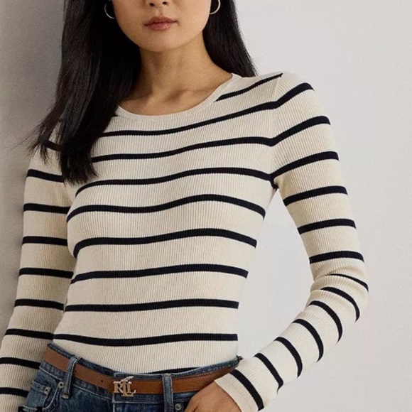 Lauren Ralph Lauren Cream Black Striped Ribbed Knit Crewneck Slim Fit L Classic - Picture 2 of 8